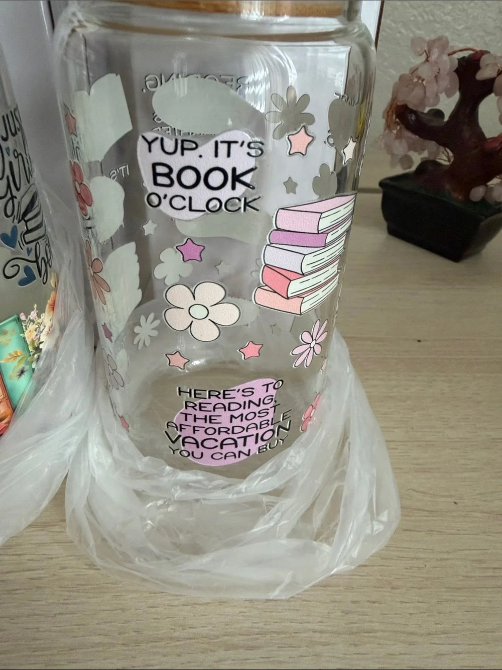 Glass Reading-Themed Storage Jar with Bamboo Lid - Pink Accents set of 2